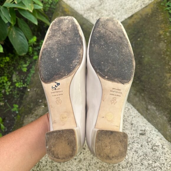 Stuart Weitzman Women's Cream Double Mary Jane Patent Leather Shoes Size 8.5 - Picture 9 of 14